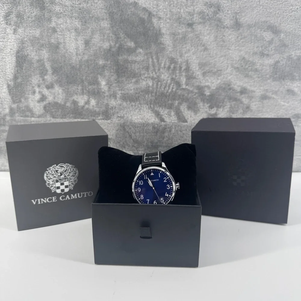 NWT Vince Camuto Mens Watch Blue Dial Silver Tone Case Black Leather VC/1120